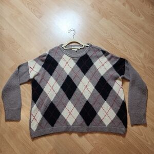 THE‎ GREAT. Alpaca Blend Argyle Sweater Tan Black Red Drop Shoulder Size Large